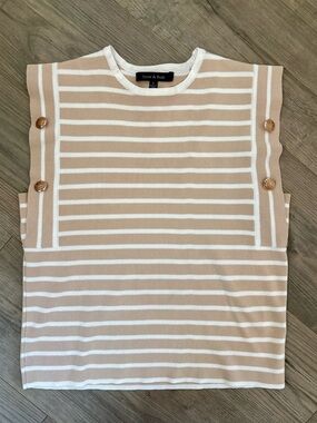 Strut&Bolt Beige Striped Knit Sleeveless Top Small Button Accents Stretch Classy